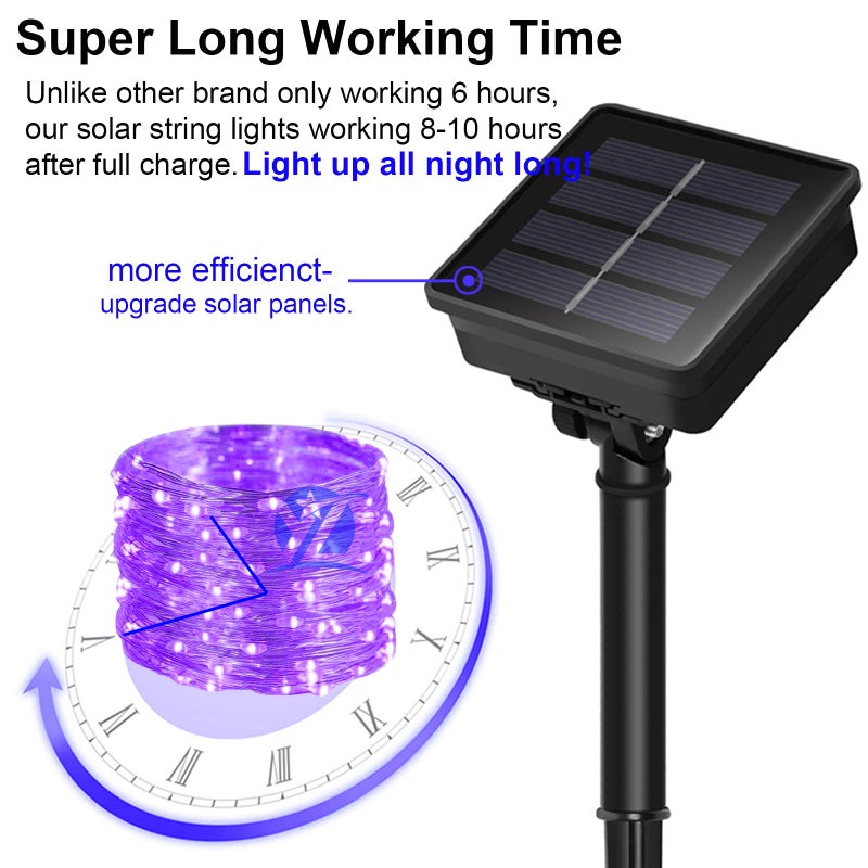 YAOZHOU Solar Christmas Halloween String Lights Purple Outdoor Waterproof 2Pack Total 200Led 8 Modes Copper String Lights Fairy Lights for Valentine's Day Garden, Patio, Fence, Balcony, Outdoors - Image 2